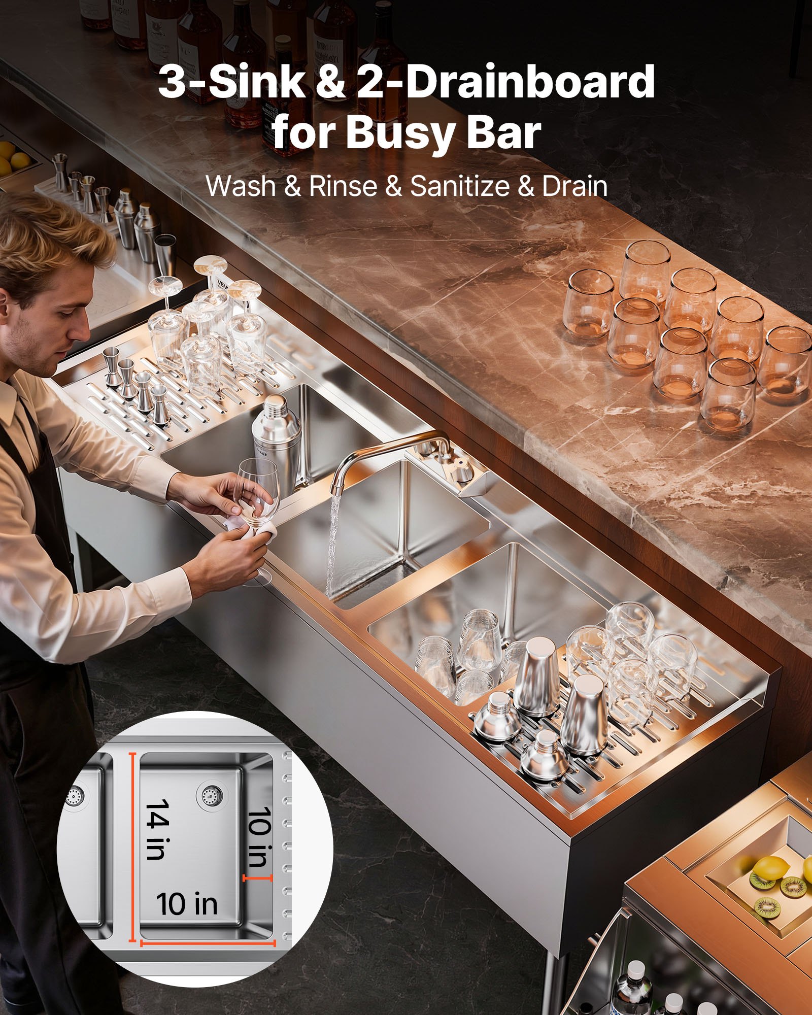 VEVOR Lavello a 3 Scomparti Rettangolare in Acciaio Inox Lavello da Cucina a 3 Vasche con 2 Scolapiatti Paraschizzi Rubinetto Freddo e Caldo, Dimensioni di Vasca 254 x 356 x 254 mm, per Ristorante Bar