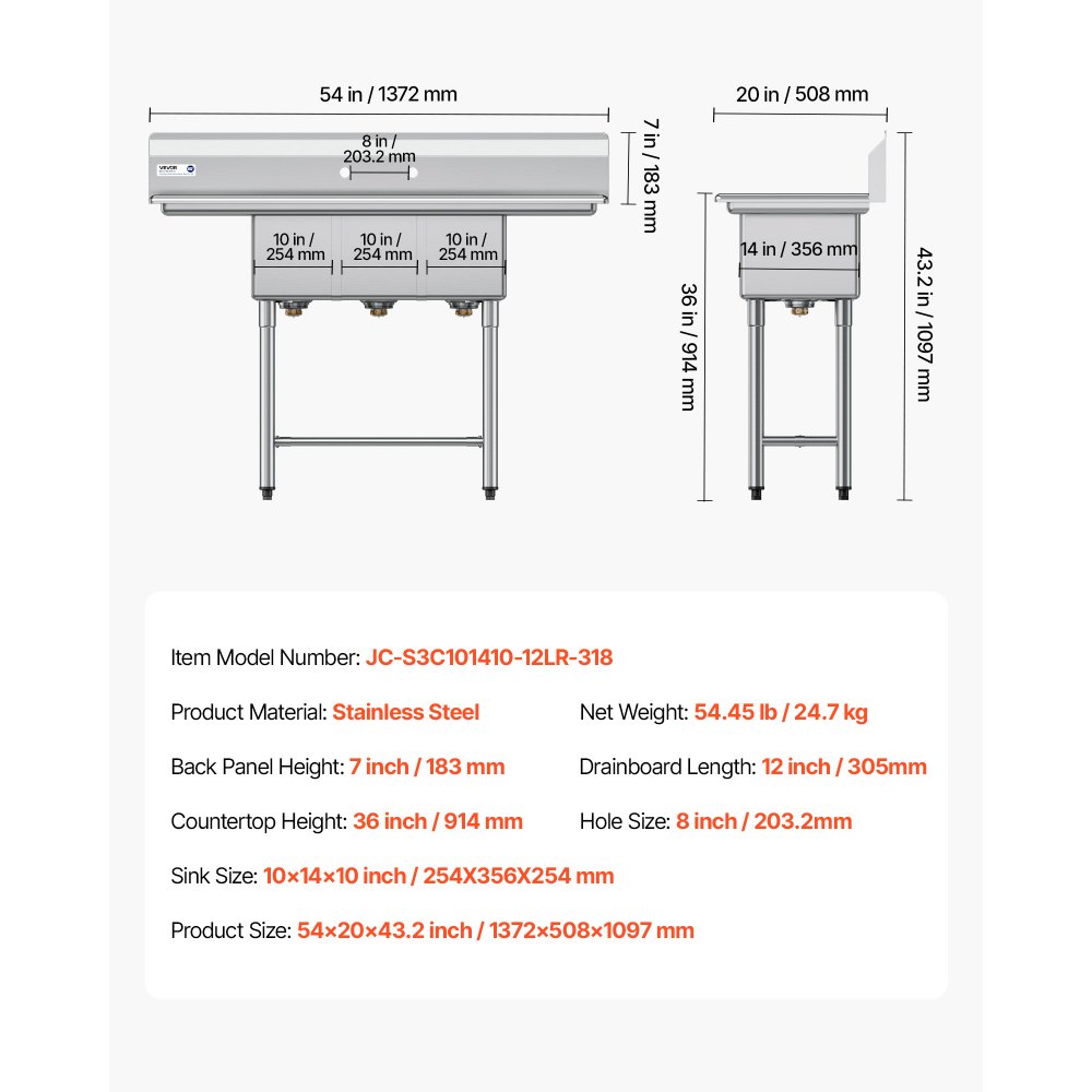 VEVOR Lavello a 3 Scomparti Rettangolare in Acciaio Inox 304 Lavello Autoportante a 3 Vasche Multiuso con 2 Scolapiatti e Paraschizzi Dimensioni Vasca 254 x 356 x 254 mm, per Esterno Garage Cucina