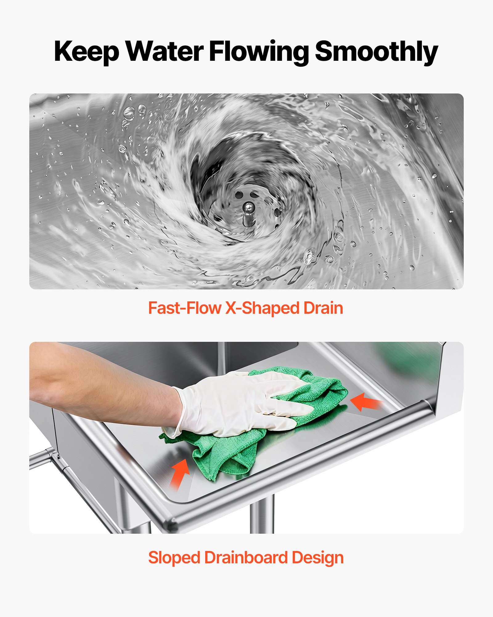 VEVOR Lavello a 3 Scomparti Rettangolare in Acciaio Inox 304 Lavello Autoportante a 3 Vasche Multiuso con 2 Scolapiatti e Paraschizzi Dimensioni Vasca 254 x 356 x 254 mm, per Esterno Garage Cucina