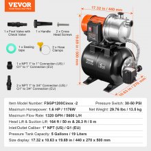 VEVOR Pompa per Pozzi Poco Profondi 1176 W con Serbatoio di Pressione 5600 L/H