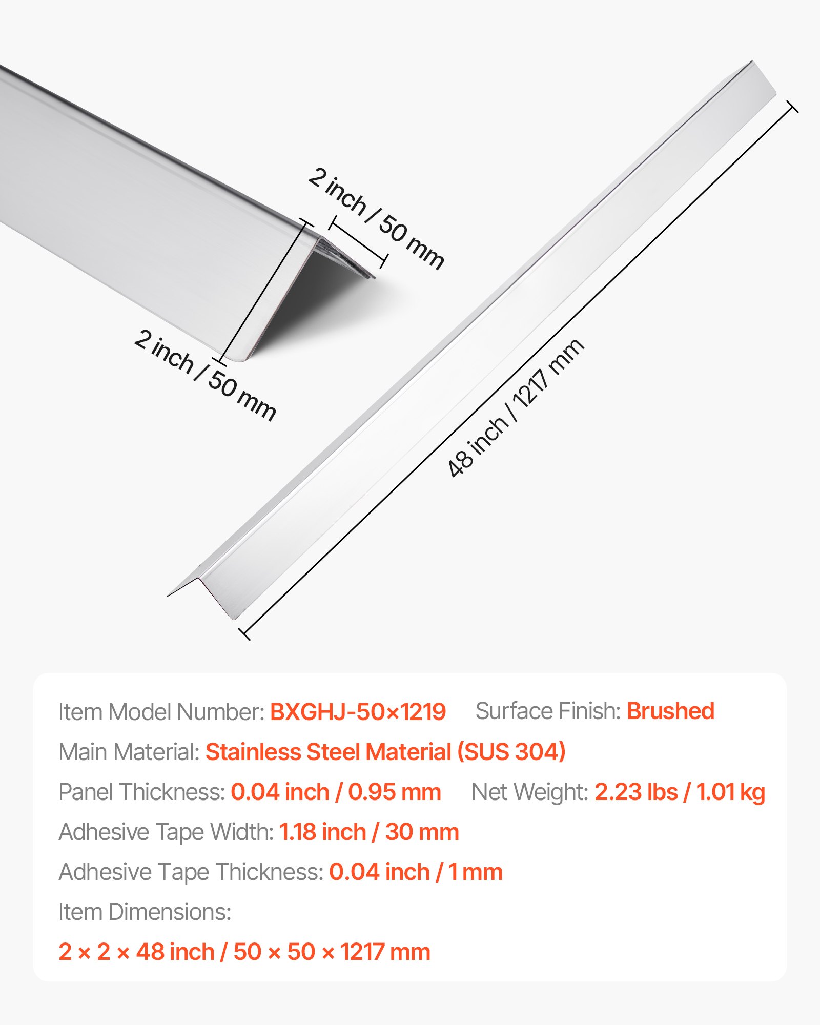 VEVOR Paraspigoli in Acciaio Inox 50 x 50 x 1217 mm, Confezione da 10 pezzi, Profilo Angolare per Muro a 90° con Nastro Adesivo, Protezione dagli Urti per Pareti di Soggiorno, Ufficio