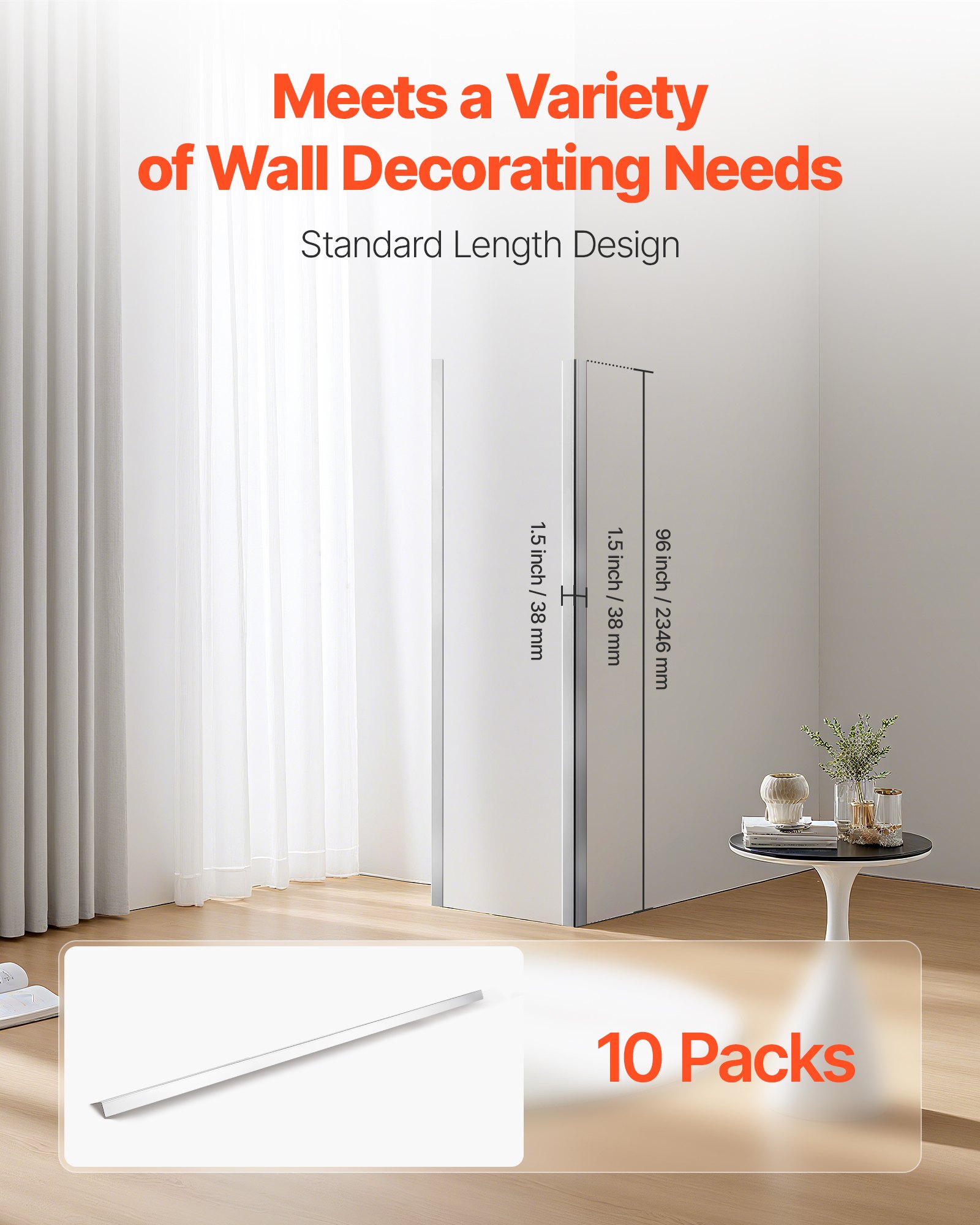 VEVOR Paraspigoli in Acciaio Inox 38 x 38 x 2436 mm, Confezione da 10 pezzi, Profilo Angolare per Muro a 90° con Nastro Adesivo, Protezione dagli Urti per Pareti di Soggiorno, Ufficio