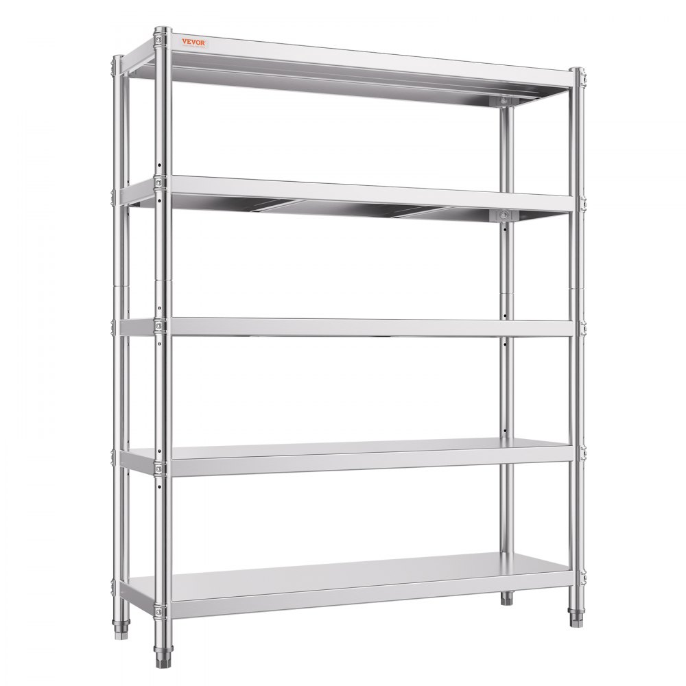 VEVOR Scaffale in Acciaio Inox 5 Ripiani Regolabili 1200x455x1830 mm Scaffalatura Portata 150 kg per Ripiano, Resistente per Cucina, Garage, Magazzino e Officina