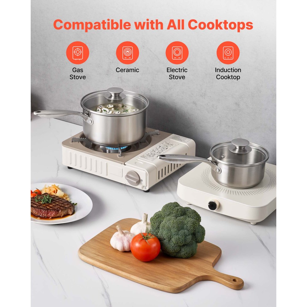 VEVOR Set di Casseruola da Cucina, Capacità 0,95L+1,89L+2,84L con Coperchio in Vetro con Manico Ergonomico, Pentola per Zuppa Latte Verdure in Acciaio Inox, Casseruola da Cucina