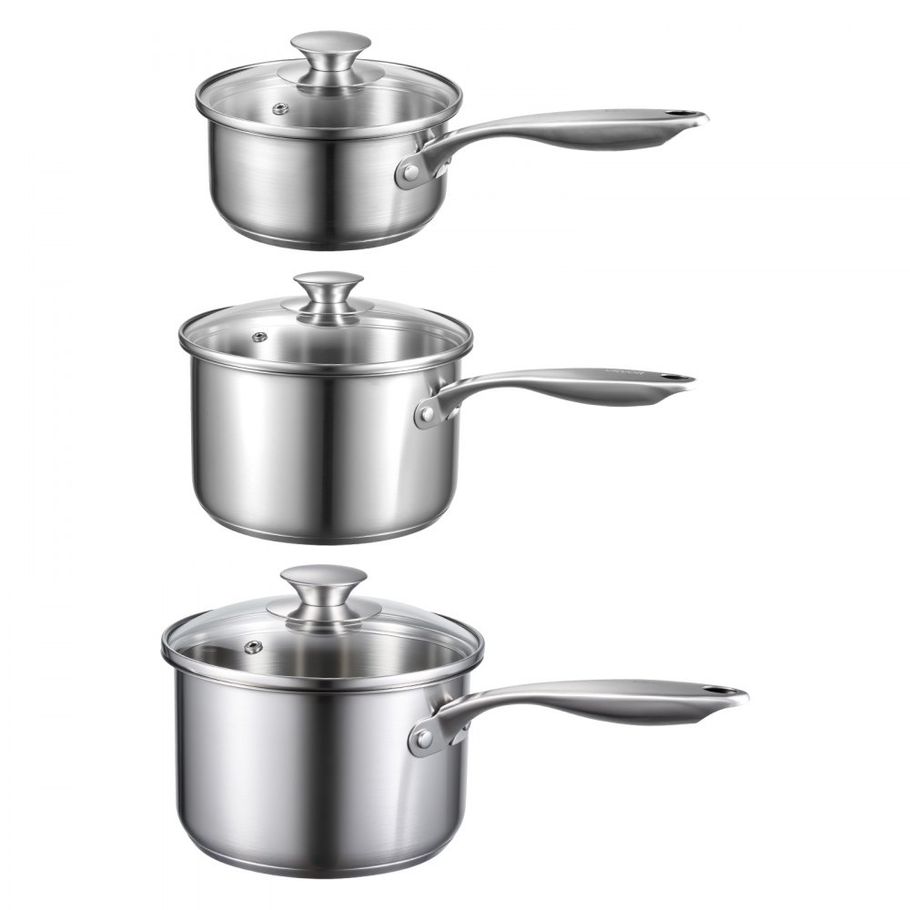 VEVOR Set di Casseruola da Cucina, Capacità 0,95L+1,89L+2,84L con Coperchio in Vetro con Manico Ergonomico, Pentola per Zuppa Latte Verdure in Acciaio Inox, Casseruola da Cucina