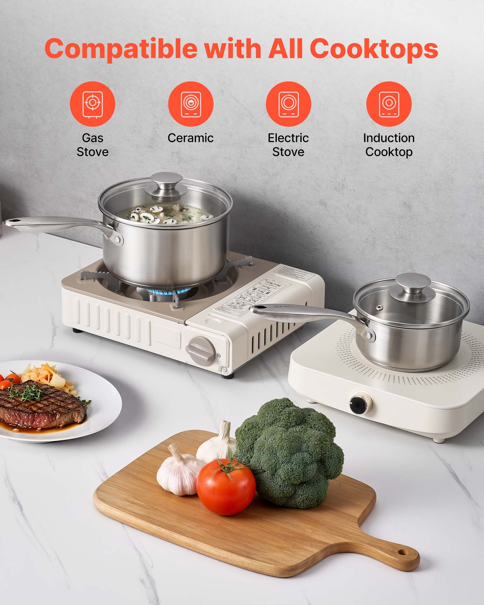 VEVOR Set di Casseruola da Cucina, Capacità 0,95L+1,89L+2,84L con Coperchio in Vetro con Manico Ergonomico, Pentola per Zuppa Latte Verdure in Acciaio Inox, Casseruola da Cucina