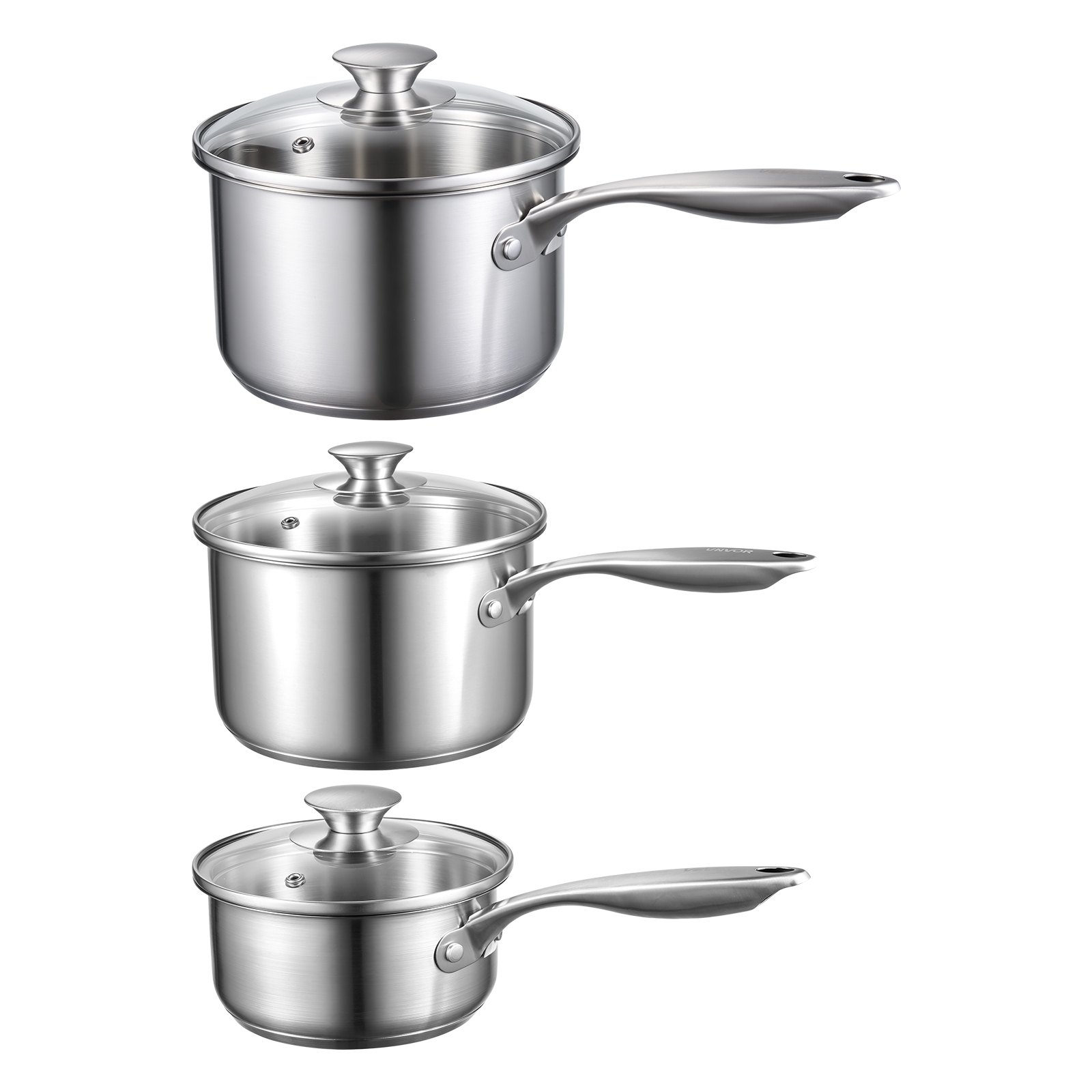 VEVOR Set di Casseruola da Cucina, Capacità 0,95L+1,89L+2,84L con Coperchio in Vetro con Manico Ergonomico, Pentola per Zuppa Latte Verdure in Acciaio Inox, Casseruola da Cucina