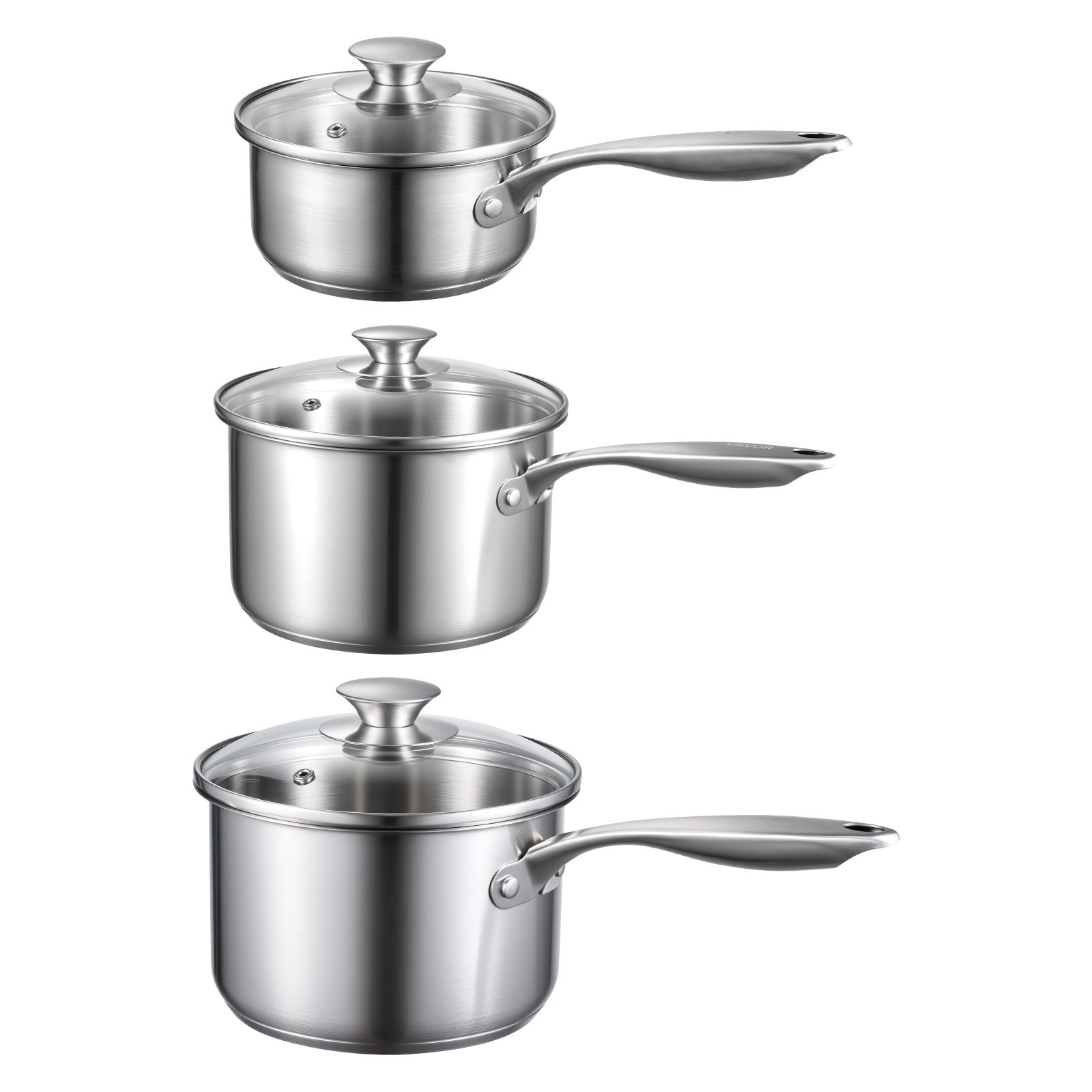 VEVOR Set di Casseruola da Cucina, Capacità 0,95L+1,89L+2,84L con Coperchio in Vetro con Manico Ergonomico, Pentola per Zuppa Latte Verdure in Acciaio Inox, Casseruola da Cucina