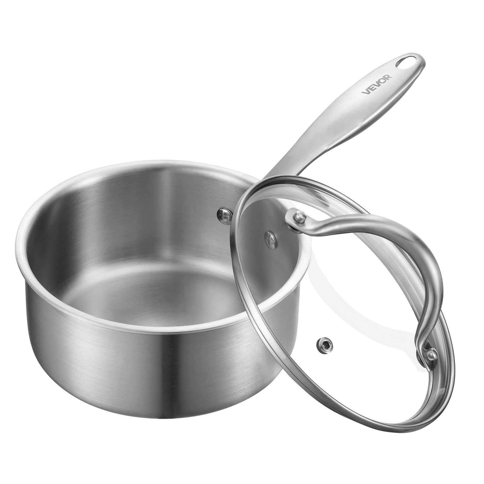 VEVOR Casseruola da Cucina, Capacità da 1,42L con Coperchio in Vetro con Manico Ergonomico, Pentola per Zuppa Latte Verdure in Acciaio Inox, Casseruola da Cucina