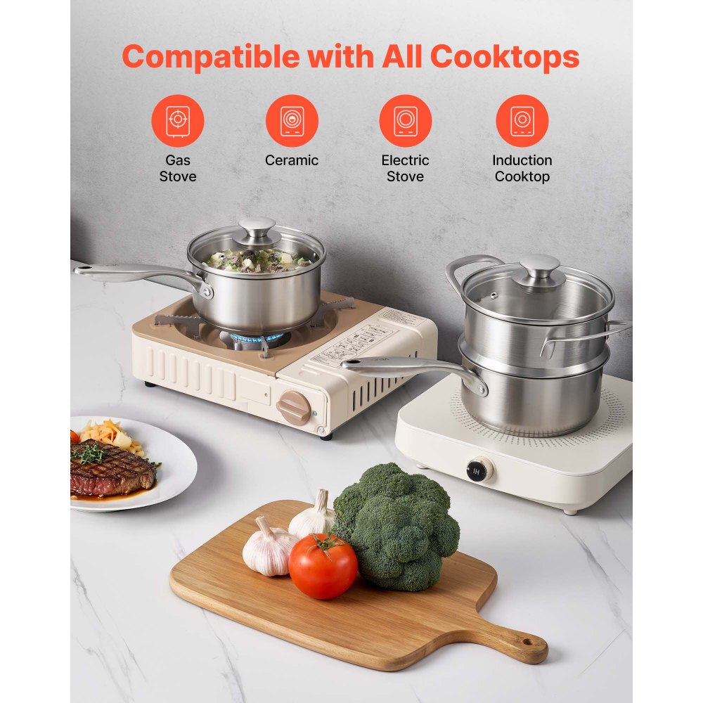 VEVOR Casseruola da Cucina, Capacità da 1,4L con Coperchio in Vetro Strato di Vapore con Manico, Pentole per Zuppa Verdure Spaghetti in Acciaio Inox, Casseruola da Cucina