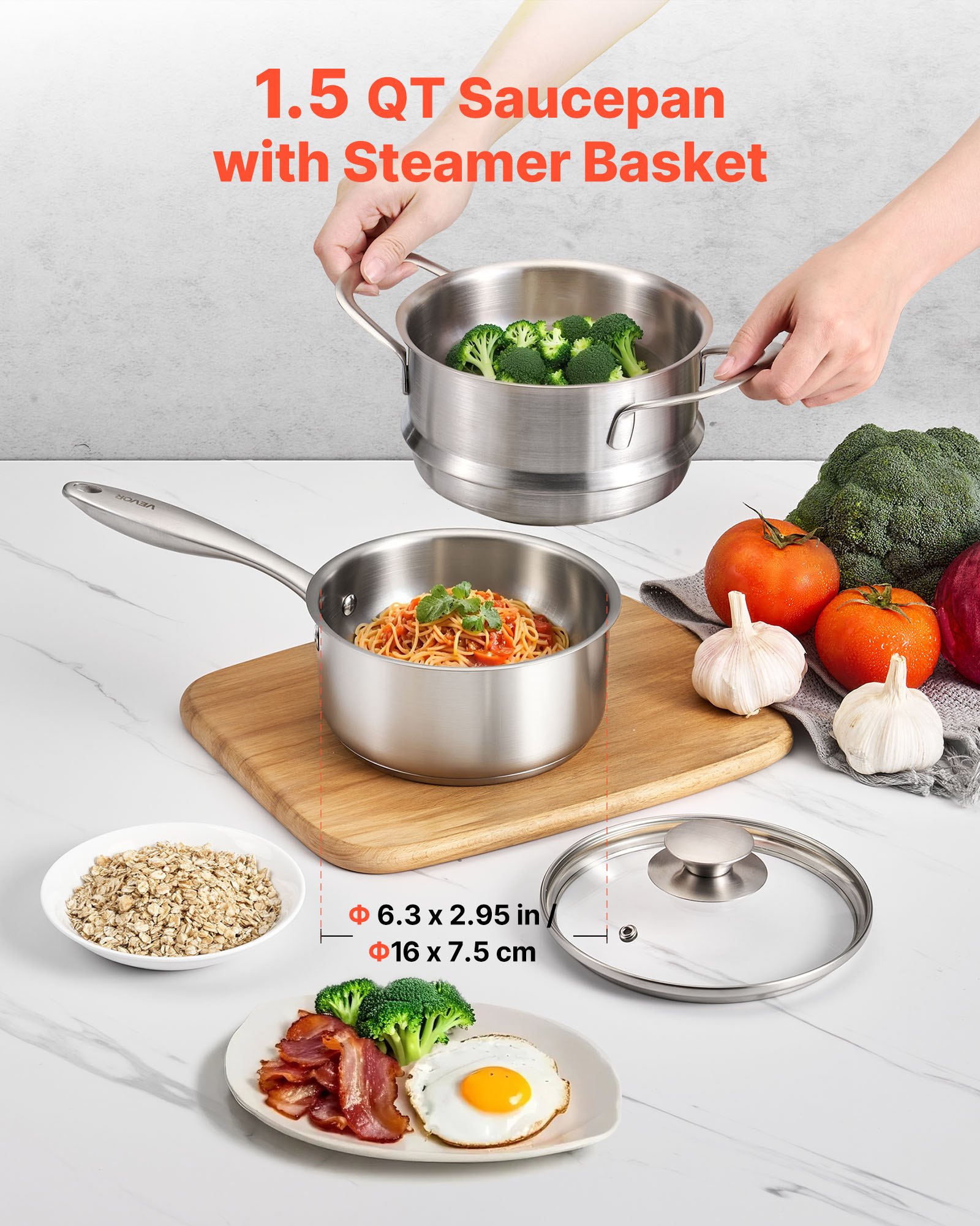 VEVOR Casseruola da Cucina, Capacità da 1,4L con Coperchio in Vetro Strato di Vapore con Manico, Pentole per Zuppa Verdure Spaghetti in Acciaio Inox, Casseruola da Cucina