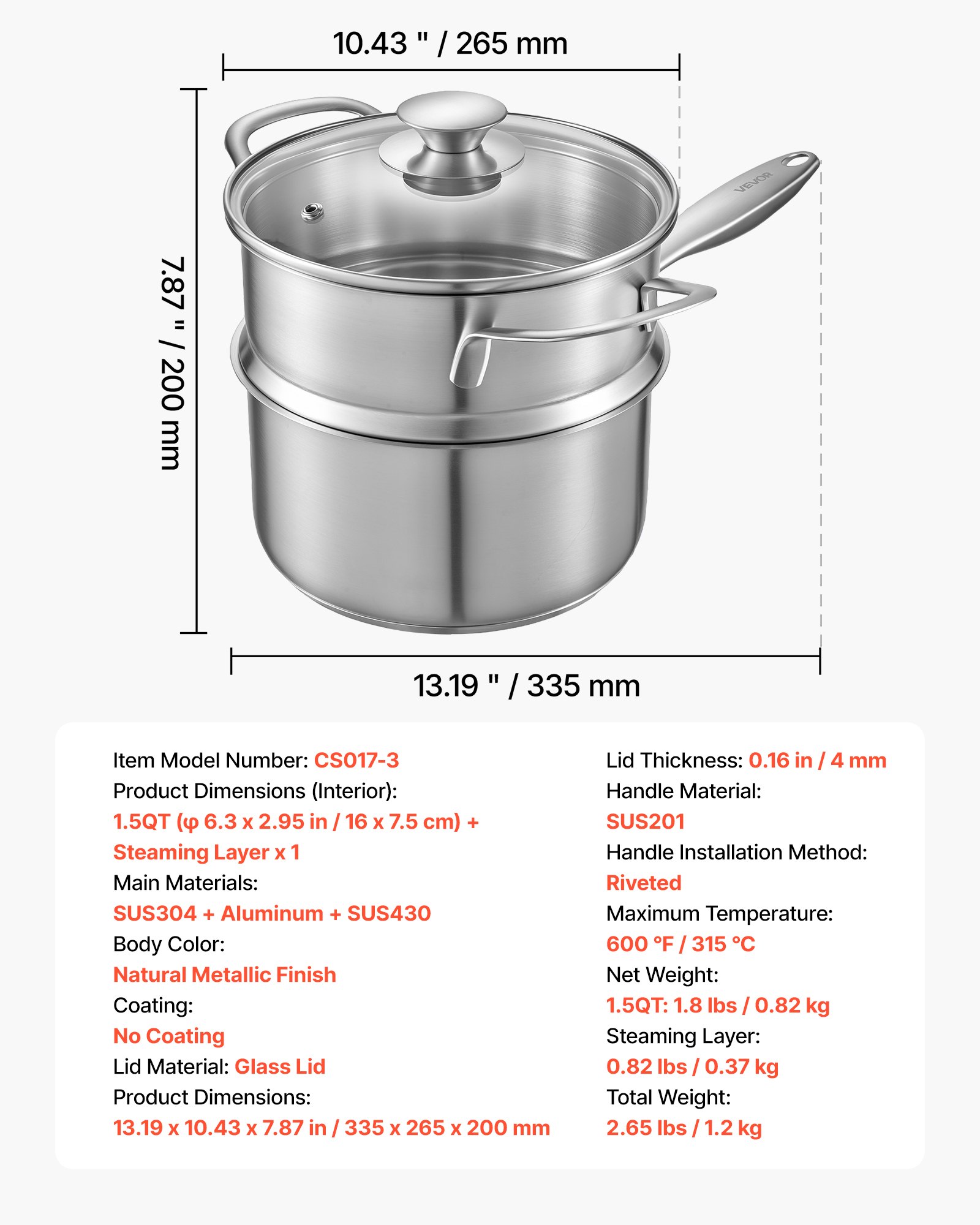 VEVOR Casseruola da Cucina, Capacità da 1,4L con Coperchio in Vetro Strato di Vapore con Manico, Pentole per Zuppa Verdure Spaghetti in Acciaio Inox, Casseruola da Cucina