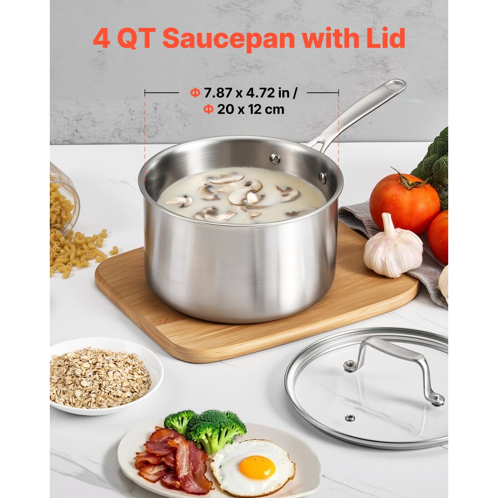 VEVOR Casseruola da Cucina, Capacità da 3,79 L con Coperchio in Vetro con Manico Ergonomico, Pentola per Zuppa Latte Verdure in Acciaio Inox, Casseruola da Cucina