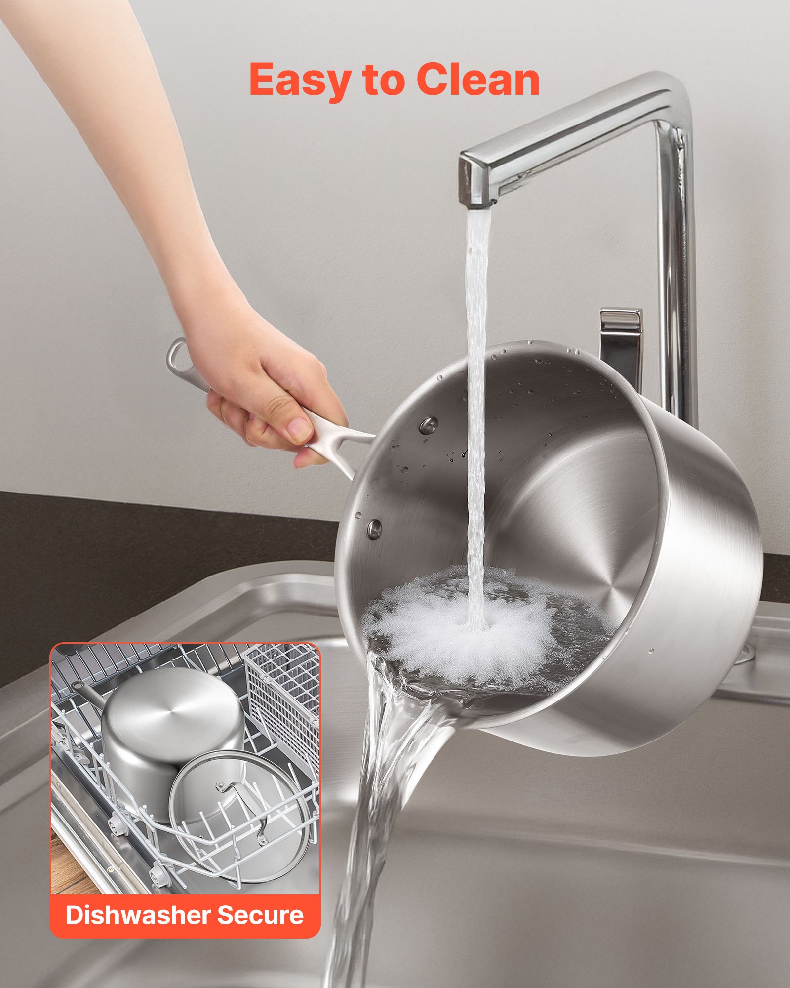VEVOR Casseruola da Cucina, Capacità da 3,79 L con Coperchio in Vetro con Manico Ergonomico, Pentola per Zuppa Latte Verdure in Acciaio Inox, Casseruola da Cucina