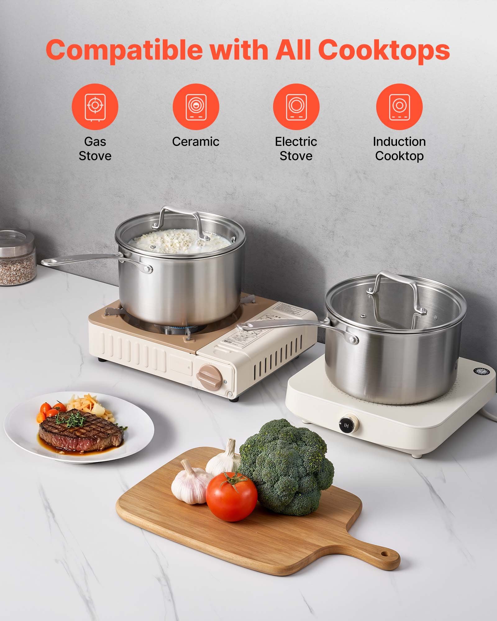 VEVOR Casseruola da Cucina, Capacità da 3,79 L con Coperchio in Vetro con Manico Ergonomico, Pentola per Zuppa Latte Verdure in Acciaio Inox, Casseruola da Cucina