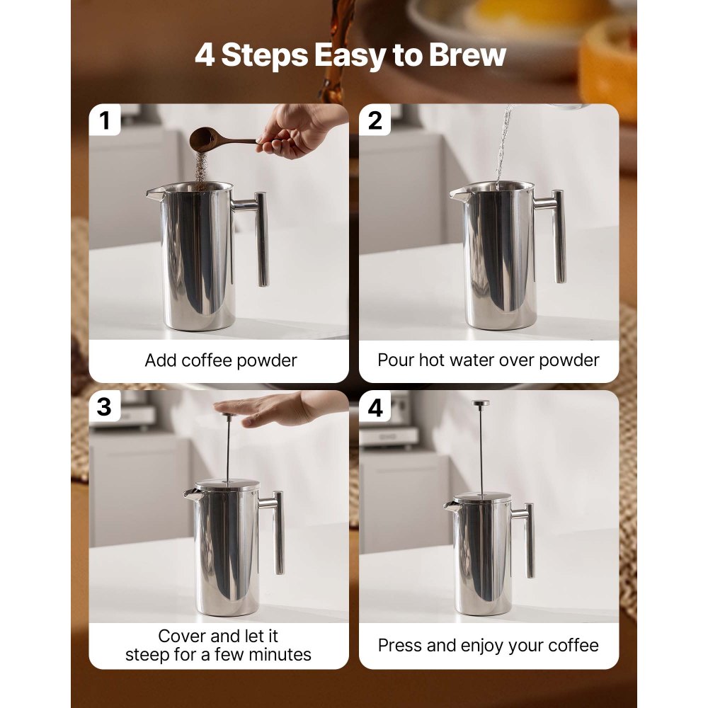 VEVOR Caffettiera a Pressa Francese in Acciaio Inox, Capacità 1,5 Litro, Caffettiera a Pressa con Filtro, French Press con Doppia Parete Isolata, per Campeggio, Viaggi, Casa, Argento