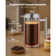 VEVOR Caffettiera a Pressa Francese in Acciaio Inox, Capacità 1,5 Litro, Caffettiera a Pressa con Filtro, French Press con Doppia Parete Isolata, per Campeggio, Viaggi, Casa, Argento