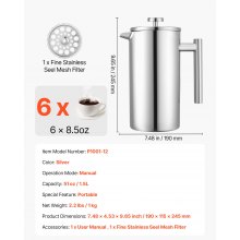 VEVOR Caffettiera a Pressa Francese in Acciaio Inox, Capacità 1,5 Litro, Caffettiera a Pressa con Filtro, French Press con Doppia Parete Isolata, per Campeggio, Viaggi, Casa, Argento
