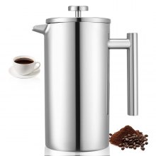 VEVOR Caffettiera a Pressa Francese in Acciaio Inox, Capacità 1,5 Litro, Caffettiera a Pressa con Filtro, French Press con Doppia Parete Isolata, per Campeggio, Viaggi, Casa, Argento