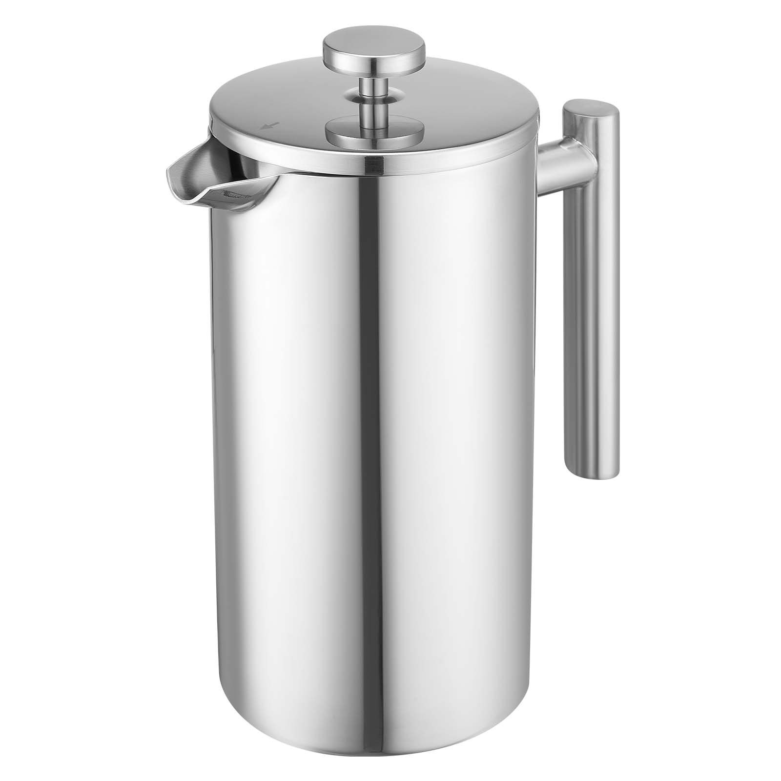VEVOR Caffettiera a Pressa Francese in Acciaio Inox, Capacità 1,5 Litro, Caffettiera a Pressa con Filtro, French Press con Doppia Parete Isolata, per Campeggio, Viaggi, Casa, Argento