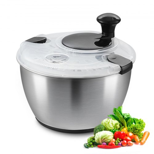 VEVOR Centrifuga per Pulizia Insalata in Acciaio Inox 4,5L, Lavatrice per Verdura Frutte, Asciugatrice Manuale con Coperchio per Verdure, Erbe, Bacche, Frutta, Senza BPA, Ciotola per Pulizia Verdure