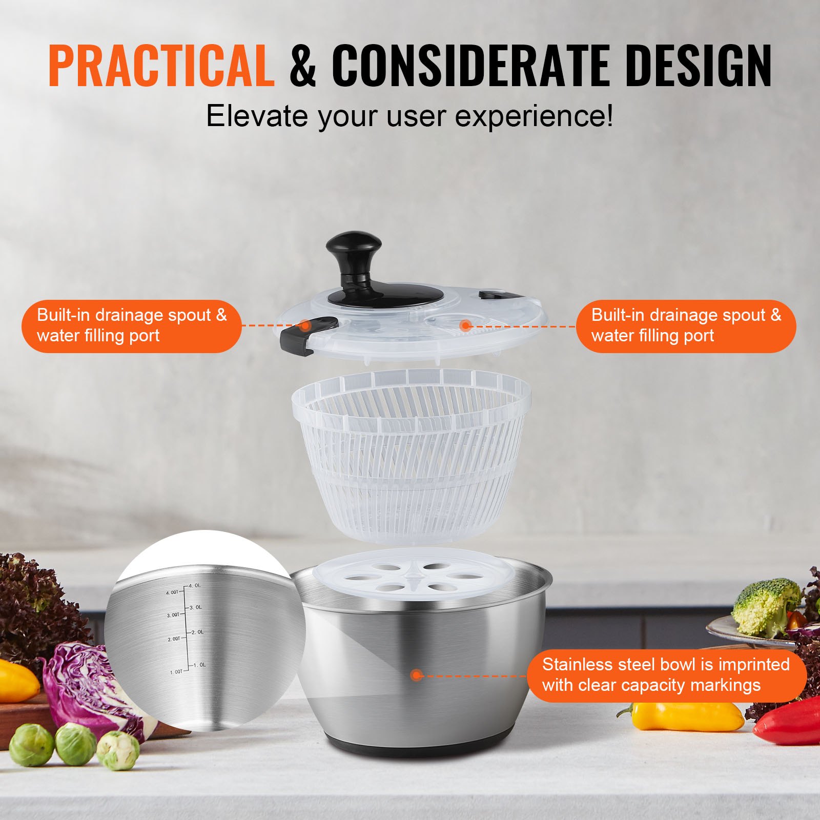 VEVOR Centrifuga per Pulizia Insalata in Acciaio Inox 4,5L, Lavatrice per Verdura Frutte, Asciugatrice Manuale con Coperchio per Verdure, Erbe, Bacche, Frutta, Senza BPA, Ciotola per Pulizia Verdure