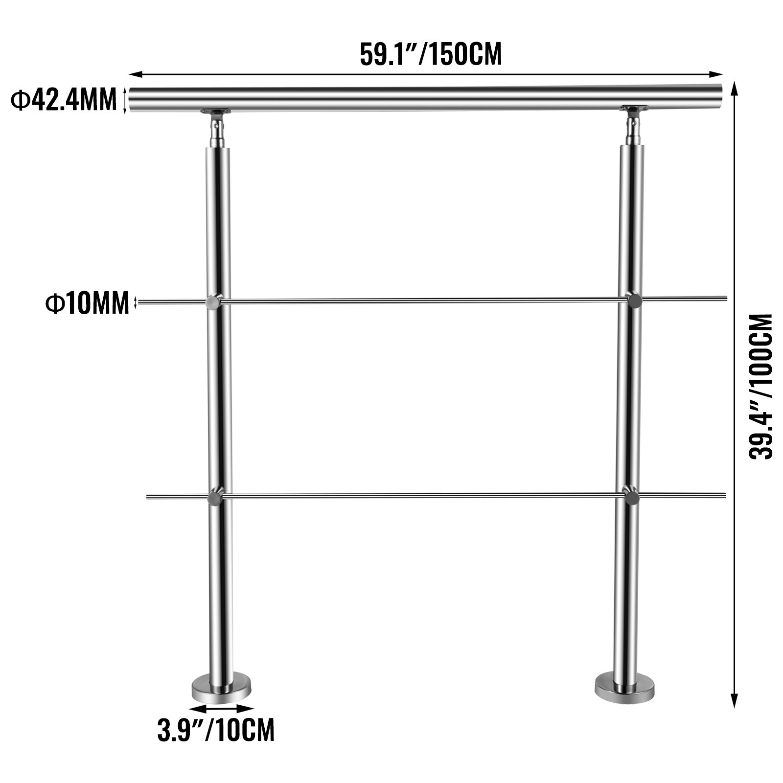 Vevor Corrimano Scala In Acciaio Inox 2 Barre Trasversali Ringhiera Da 150cm