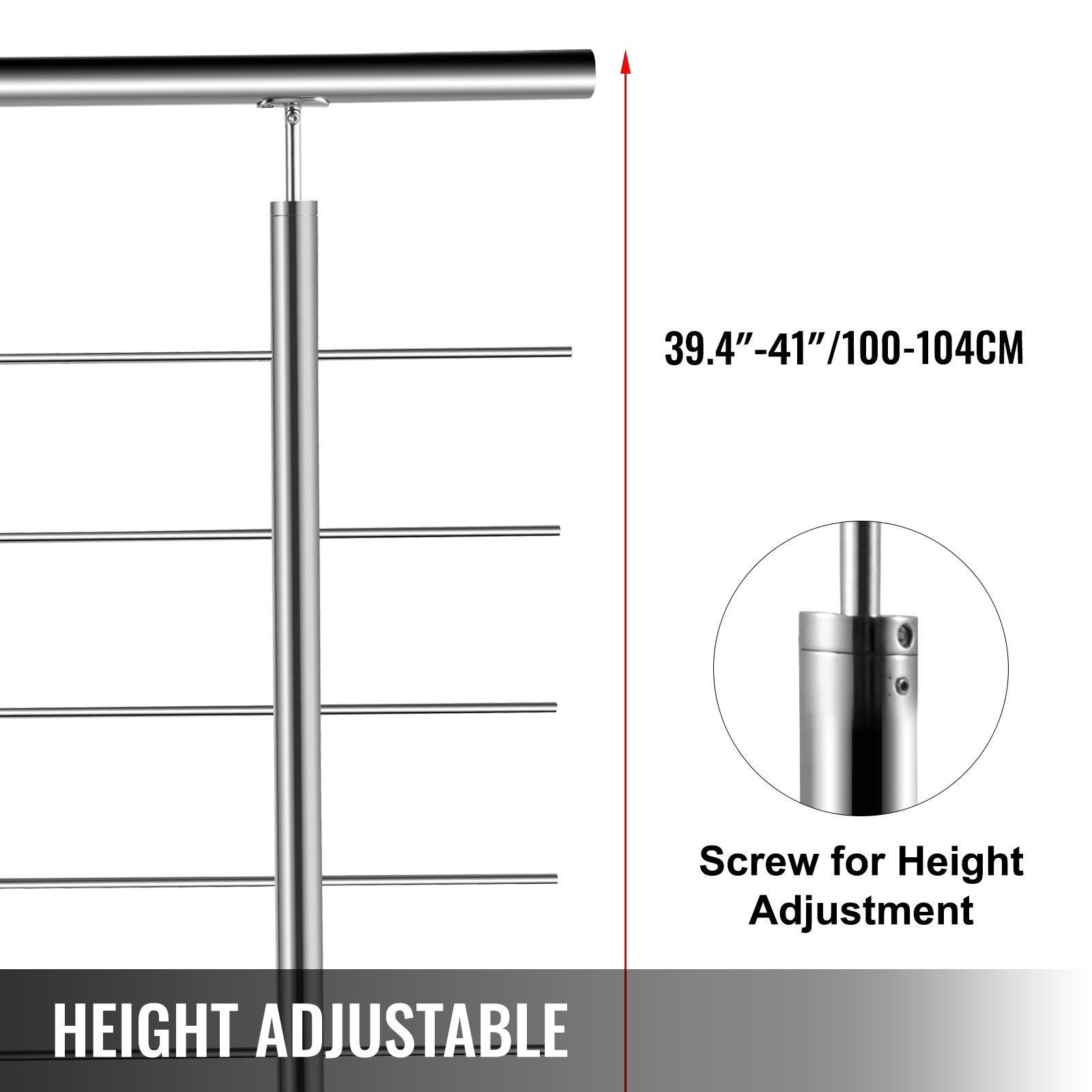 VEVOR 100-104cm Ringhiera per Scale Interne ed Esterne in Acciaio Inossidabile, Corrimano Scala a 5 Barre Trasversali Lunghezza Tubo da 150cm e Altezza, Balaustra Parapetto Uso Balconi e Cortili