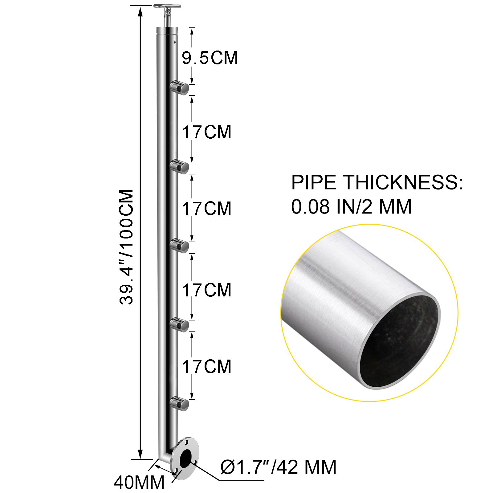 Vevor Corrimano Scala Ad Angolo In Acciaio Inox 5 Traverse Ringhiera Da 100 Cm