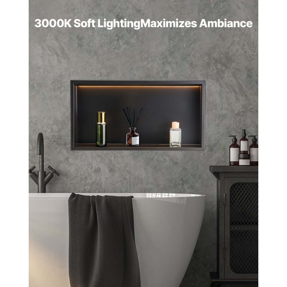 VEVOR Shower Niche, 10.16x33.02x63.5 cm, Recessed Wall Niche with LED Strip, Stainless Steel Shampoo Storage Organizer, Durable & Easy to Install, Black for Bathrooms