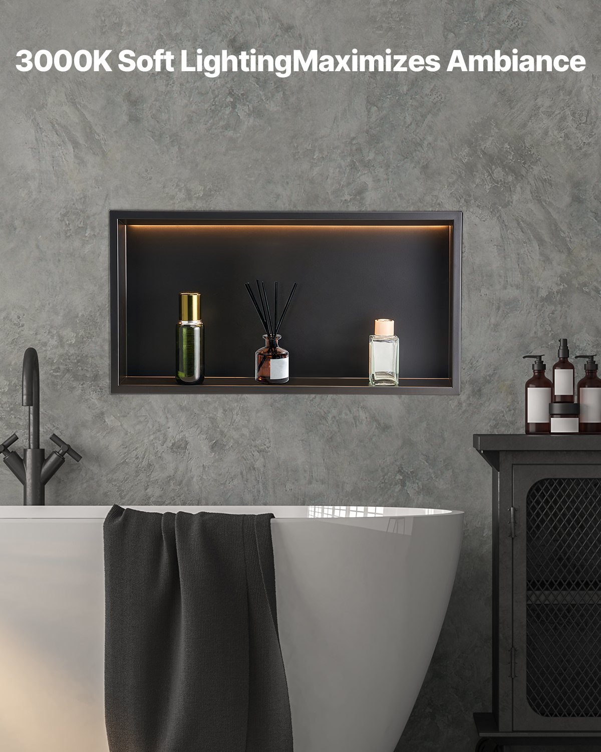 VEVOR Nicchia per Doccia, 33,0 x 63,5 x 10,2 cm, Nicchia in Acciaio Inossidabile da Incasso a Parete con Striscia LED, Porta Sapone e Shampoo, Sigillato Impermeabile, Singolo Strato, Nero