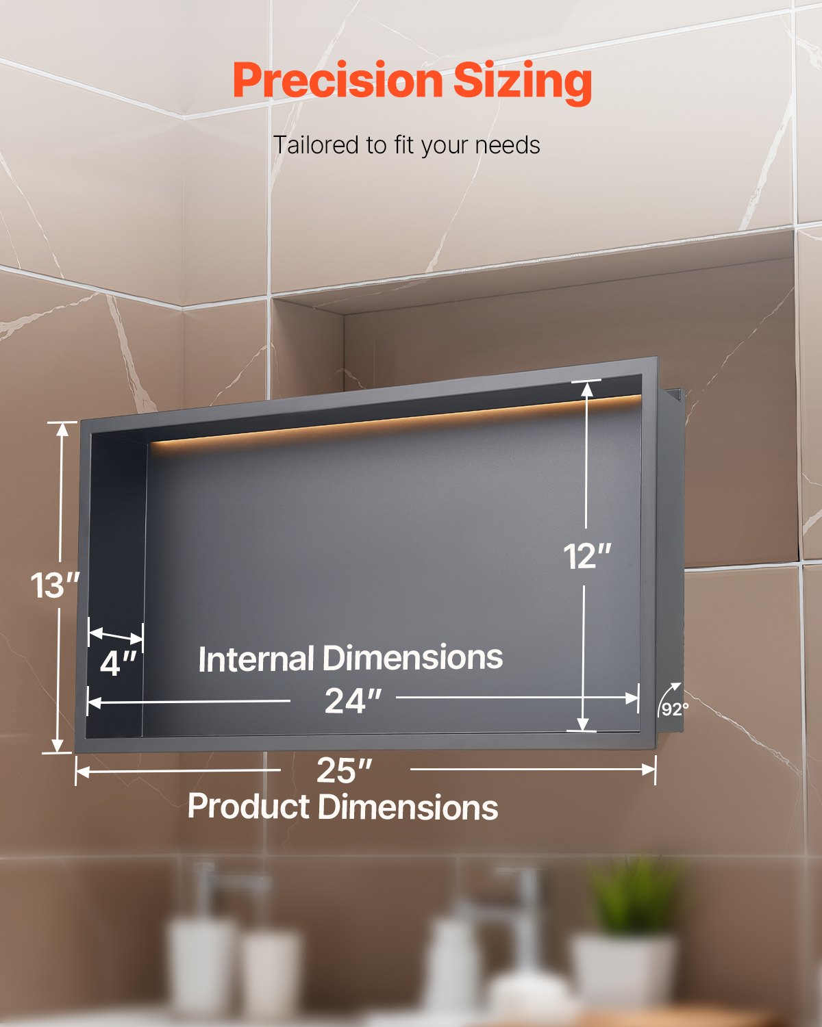 VEVOR Nicchia per Doccia, 33,0 x 63,5 x 10,2 cm, Nicchia in Acciaio Inossidabile da Incasso a Parete con Striscia LED, Porta Sapone e Shampoo, Sigillato Impermeabile, Singolo Strato, Nero