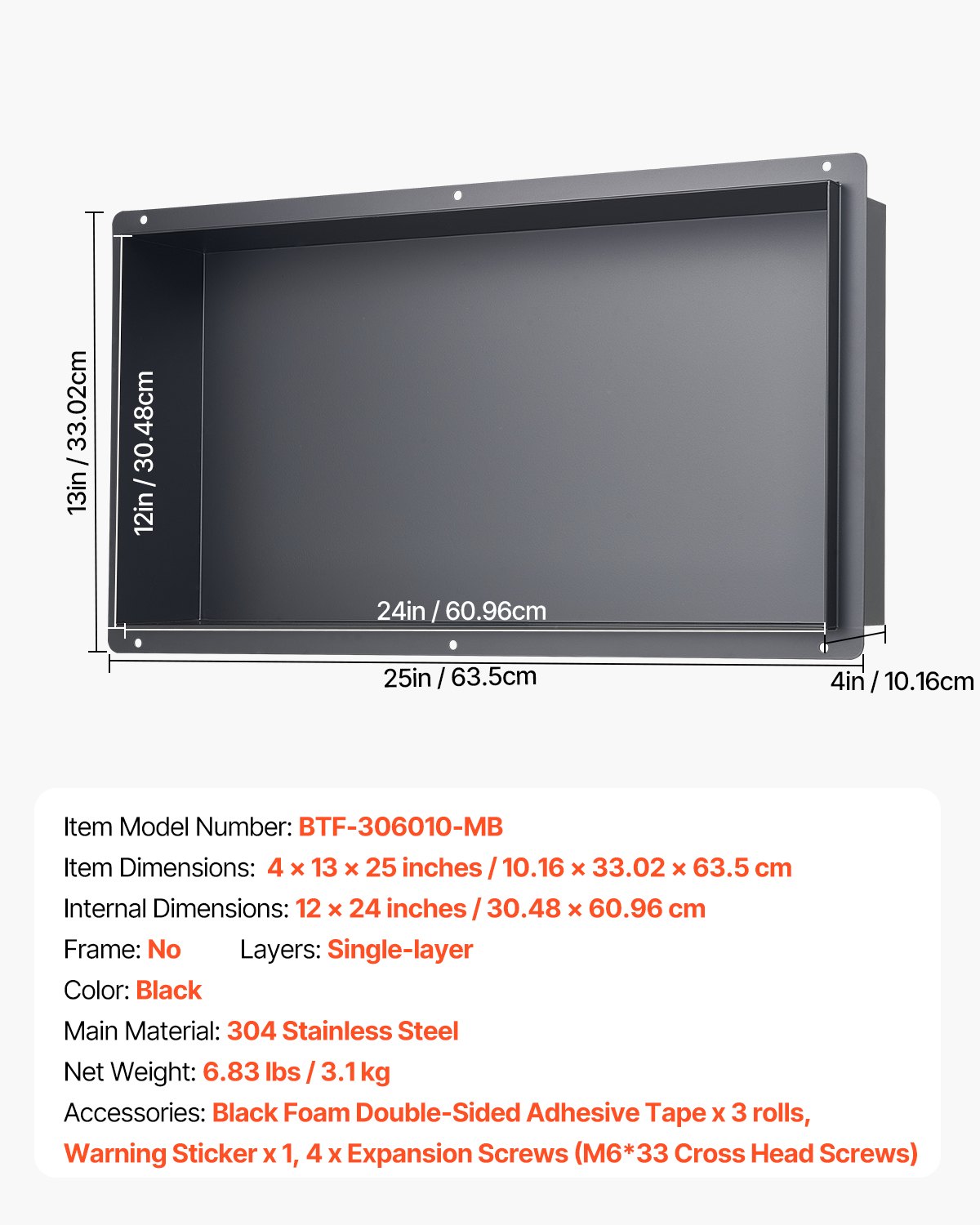 VEVOR Shower Niche, 10.16x33.02x63.5 cm, Frameless Wall Niche, Stainless Steel Shampoo Storage Organizer, Durable and Easy to Install, Black for Bathrooms