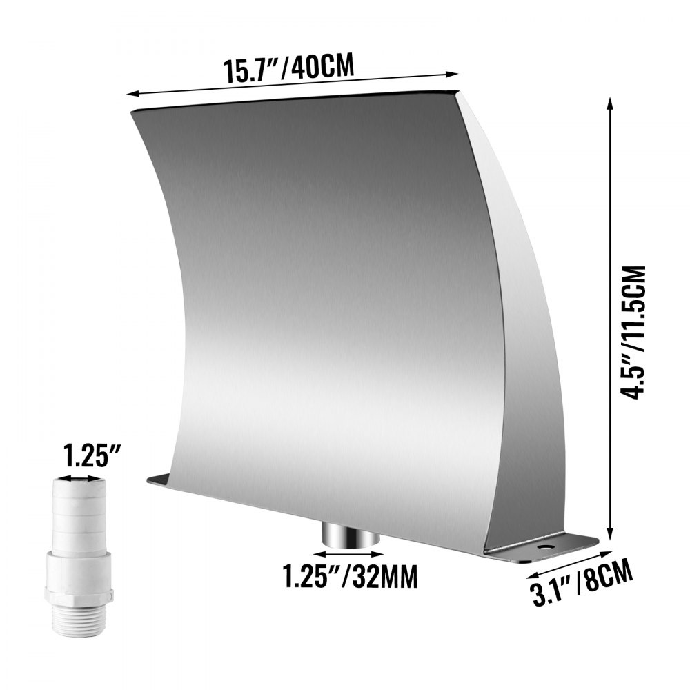 VEVOR Fontana per Piscina a Cascata da Giardino in Acciaio Inossidabile 115x400mm, Cascata Argento Ingresso Acqua Posteriore con Disegno a Specchio e Curvatura per Garantire Flusso d'Acqua Costante