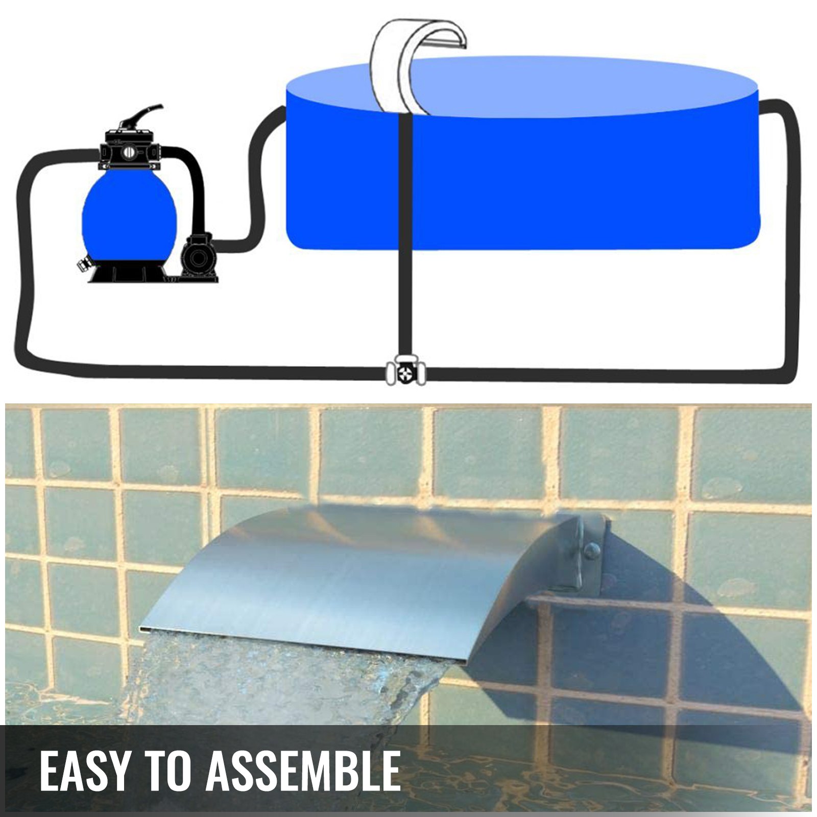 VEVOR Fontana per Piscina a Cascata da Giardino in Acciaio Inossidabile 115x400mm, Cascata Argento Ingresso Acqua Posteriore con Disegno a Specchio e Curvatura per Garantire Flusso d'Acqua Costante