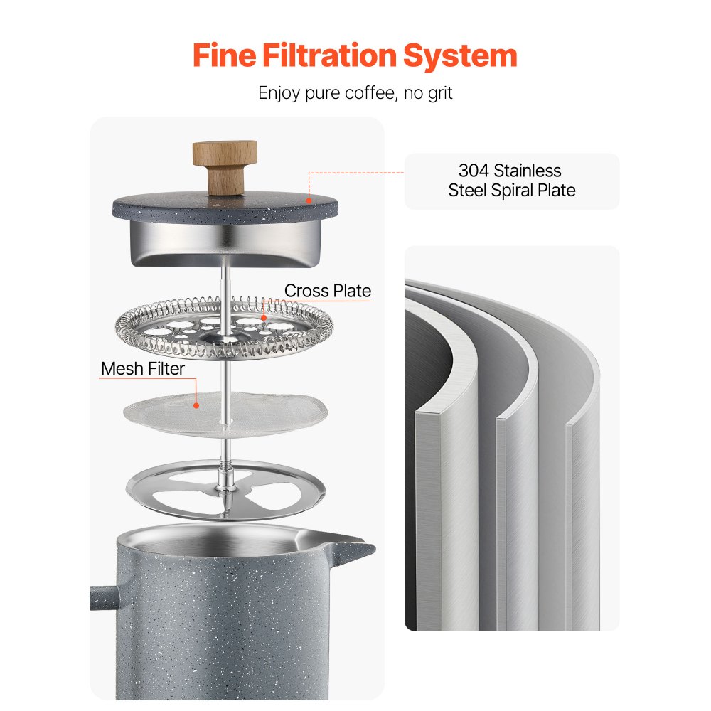 VEVOR Caffettiera a Pressa Francese, 1 L, in Acciaio Inox, con Filtro, Grande Caffettiera a Pressa Francese a Doppia Parete Isolata, per Infusione a Freddo, per Campeggio, Casa e Cucina, Nero