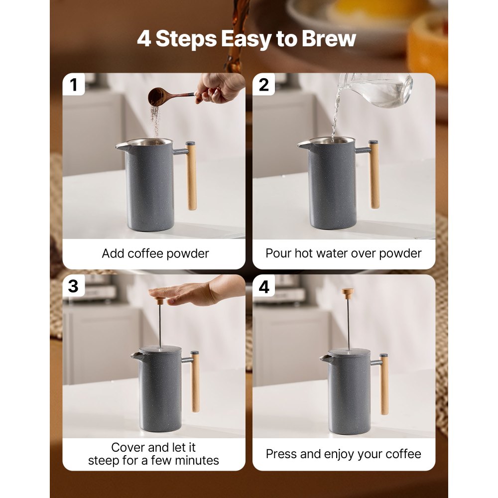 VEVOR Caffettiera a Pressa Francese, 1 L, in Acciaio Inox, con Filtro, Grande Caffettiera a Pressa Francese a Doppia Parete Isolata, per Infusione a Freddo, per Campeggio, Casa e Cucina, Nero