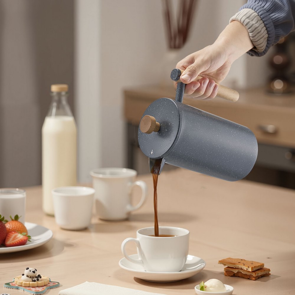 VEVOR Caffettiera a Pressa Francese, 1 L, in Acciaio Inox, con Filtro, Grande Caffettiera a Pressa Francese a Doppia Parete Isolata, per Infusione a Freddo, per Campeggio, Casa e Cucina, Nero