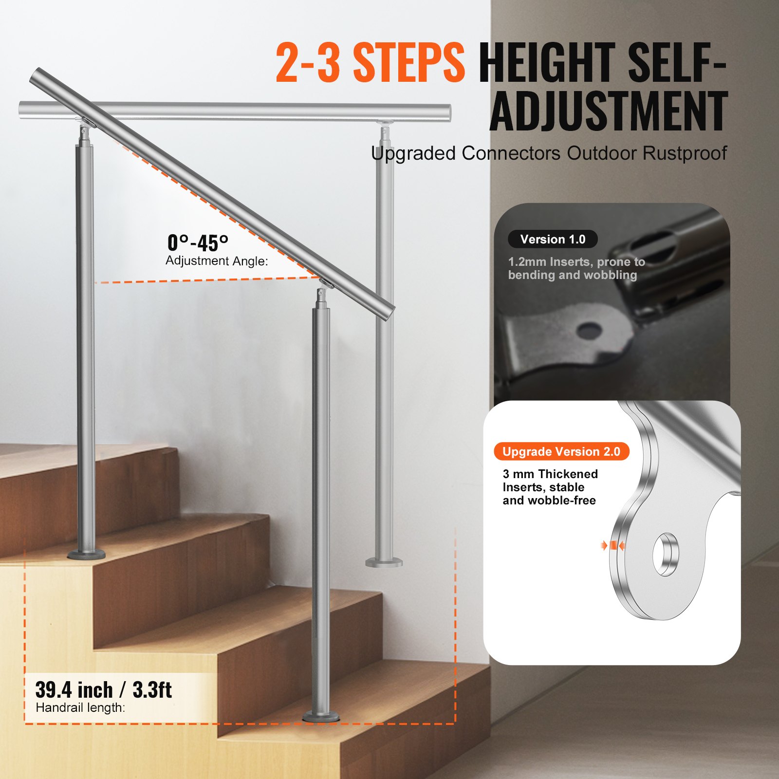 VEVOR Handrails for Outdoor Stairs, 100 cm Long Stair Handrail Set, Stainless Steel Transition Railing with Mounting Kit, Double-Post Stair Handrails for Seniors, Porch and Terrace