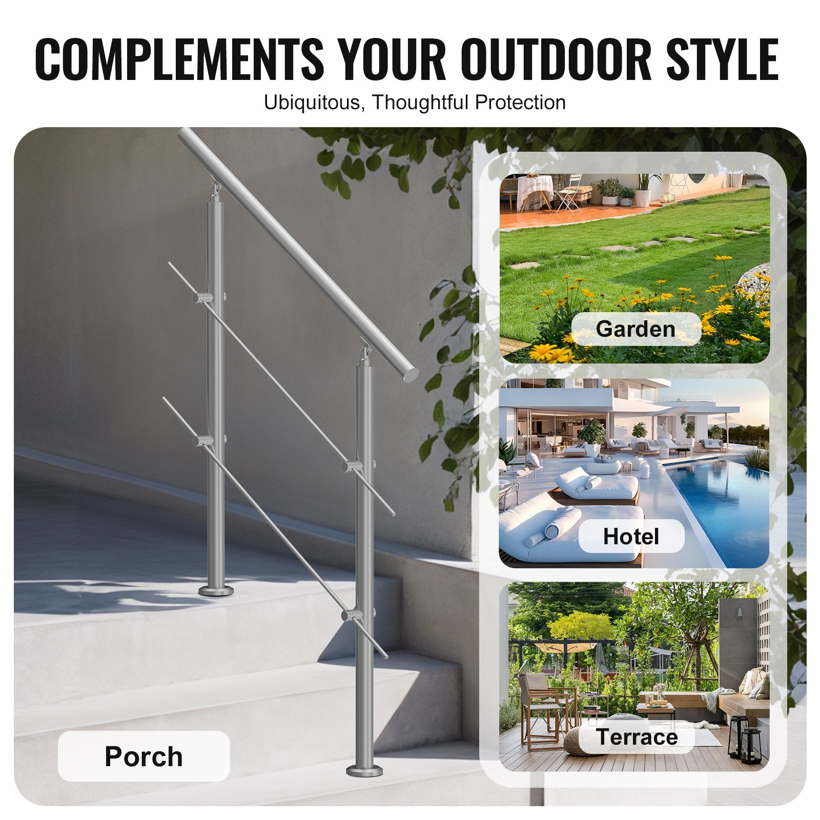 VEVOR Corrimano per Gradini Esterni, Kit Corrimano per Scale 2 Traverse 100 cm Lunghezza, Ringhiere Transizione Acciaio Inox Kit Installazione, Corrimano Scale Doppia Colonna per Veranda e Terrazza