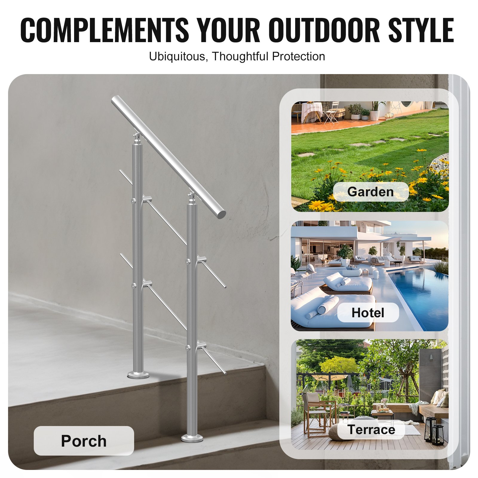 VEVOR Corrimano per Gradini Esterni, Kit Corrimano per Scale 2 Traverse 80 cm Lunghezza, Ringhiere Transizione Acciaio Inox Kit Installazione, Corrimano Scale Doppia Colonna per Veranda e Terrazza