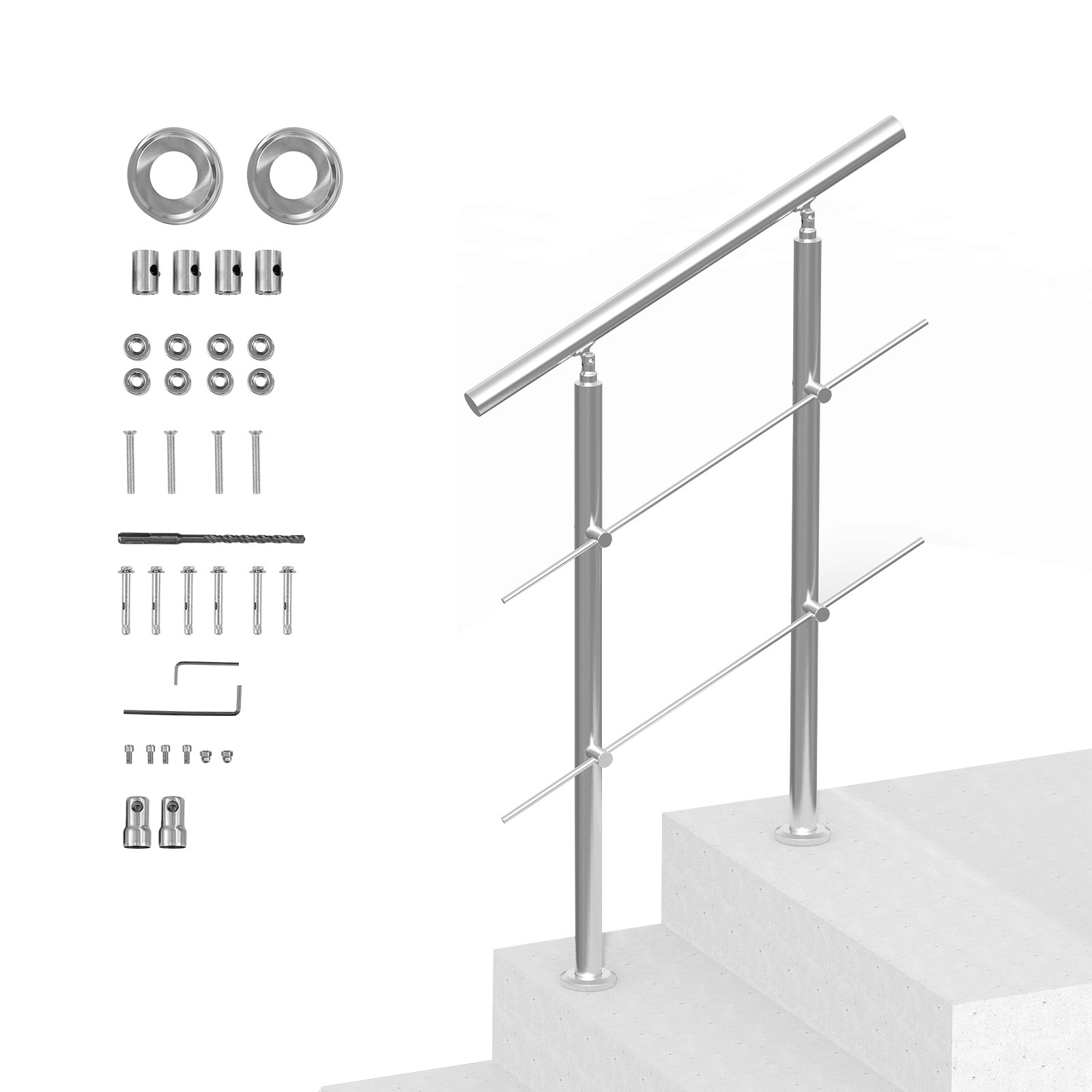 VEVOR Handrails for Outdoor Stairs, 80 cm Length, 2 Crossbars, Stair Handrail Set, Stainless Steel Transition Railing with Mounting Kit, Double-Post Stair Handrails for Seniors, Porch and Terrace