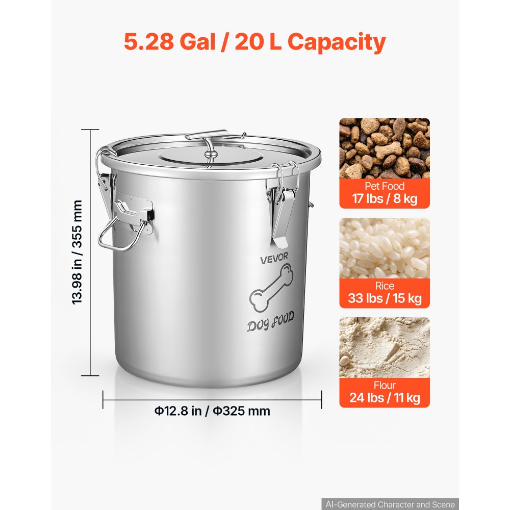 VEVOR Stainless Steel Dog Food Storage Container 8 kg 20 L Dispenser Bin, for Living Room Kitchen, Airtight Lid & Dual Handles, Large Metal for Dogs & Cats Food Rice Flour, Keep Fresh, Easy to Clean