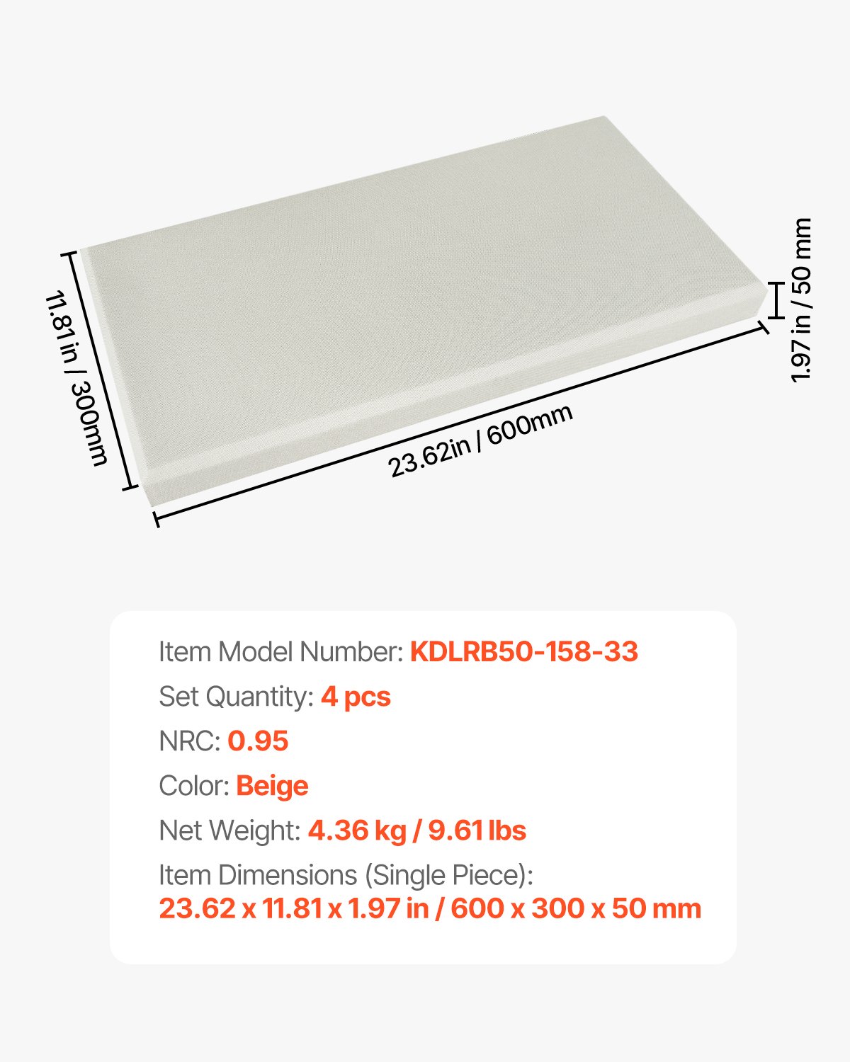 VEVOR Pannelli Acustici Murali Fonoassorbenti Autoadesivi, Pannelli Fonoassorbenti in Fibra di Vetro Bianca 4,36 kg, per Studi, Uffici, Sale Riunioni, 4 Pezzi 600 x 300 x 50 mm, Beige