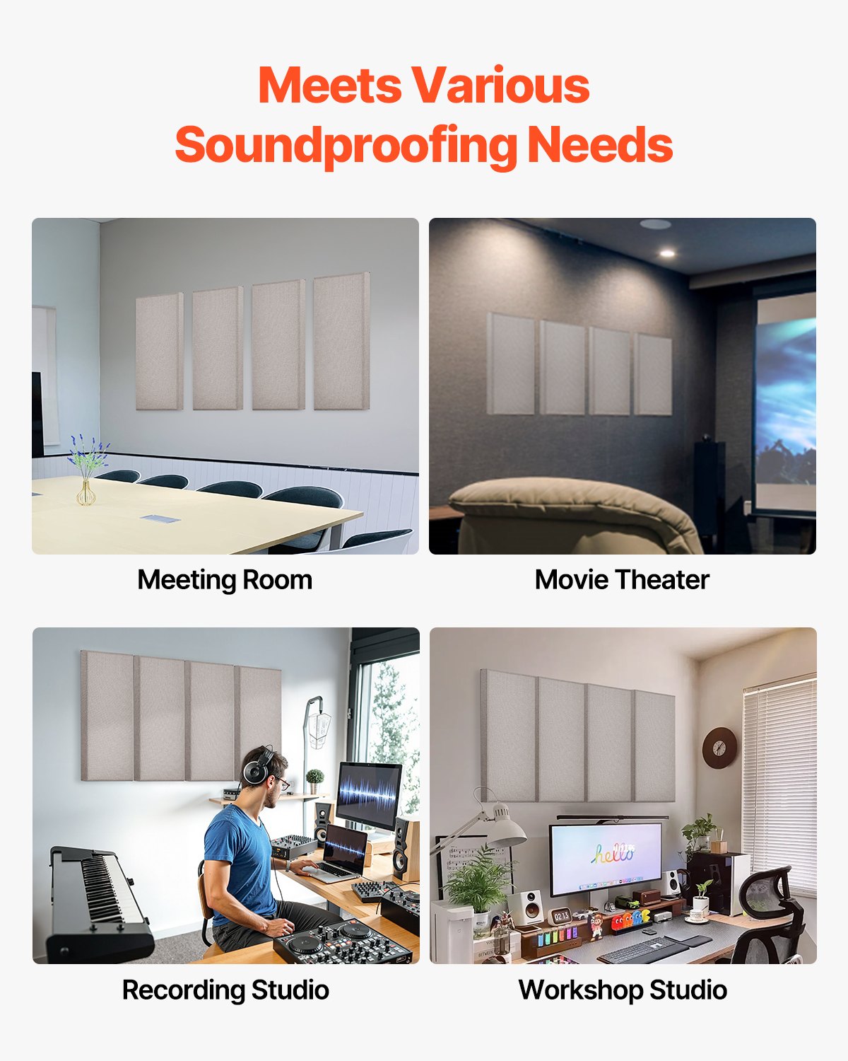 VEVOR acoustic panels, 4 pieces, 5.1 cm thick, 60.4 x 30 cm, fiberglass, sound-absorbing panels, self-adhesive, soundproof wall panels, for studios, offices, home cinemas, conference rooms, camel