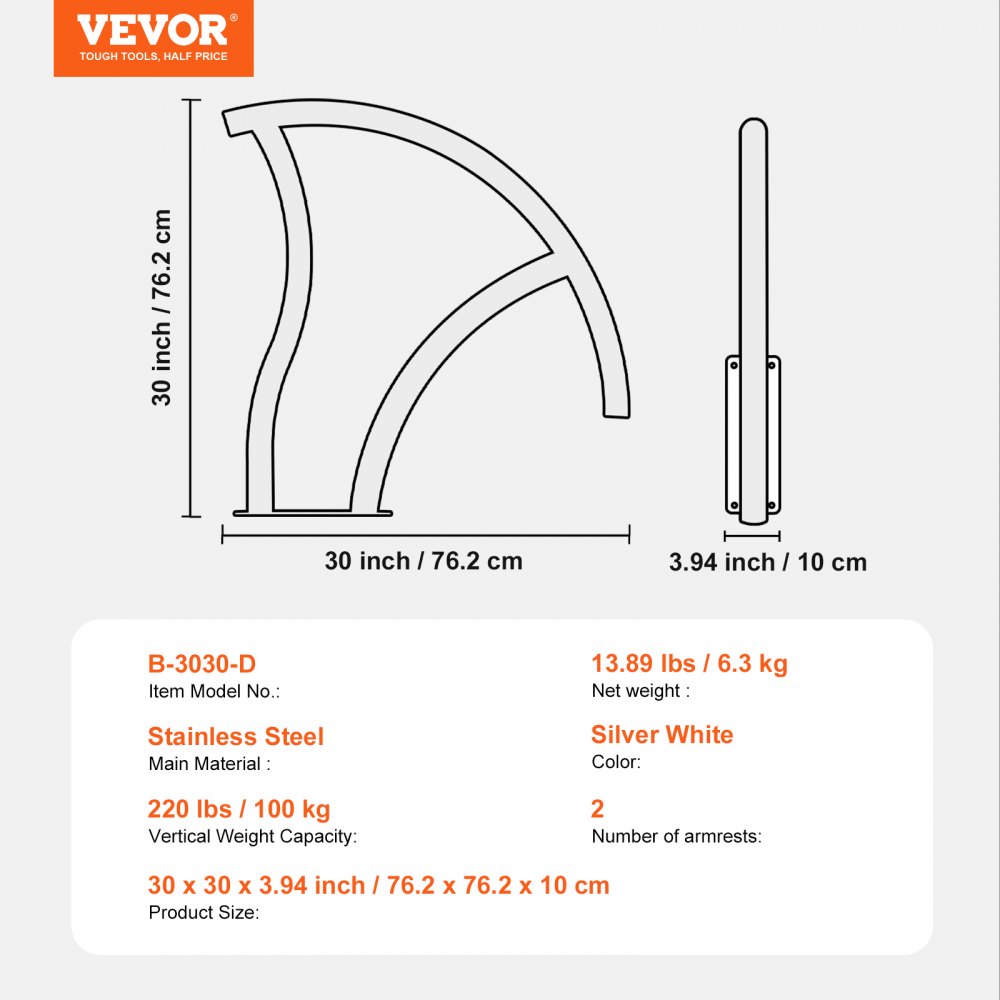 VEVOR Pool Handrail, 2 pcs., 1395 x 810 x 100 mm, Stainless Steel Pool Entry with Base Plate for Indoor/Outdoor Pools, Swimming Pool Entry Aid, Grab Handle with Handle Cover & Accessories for Spas