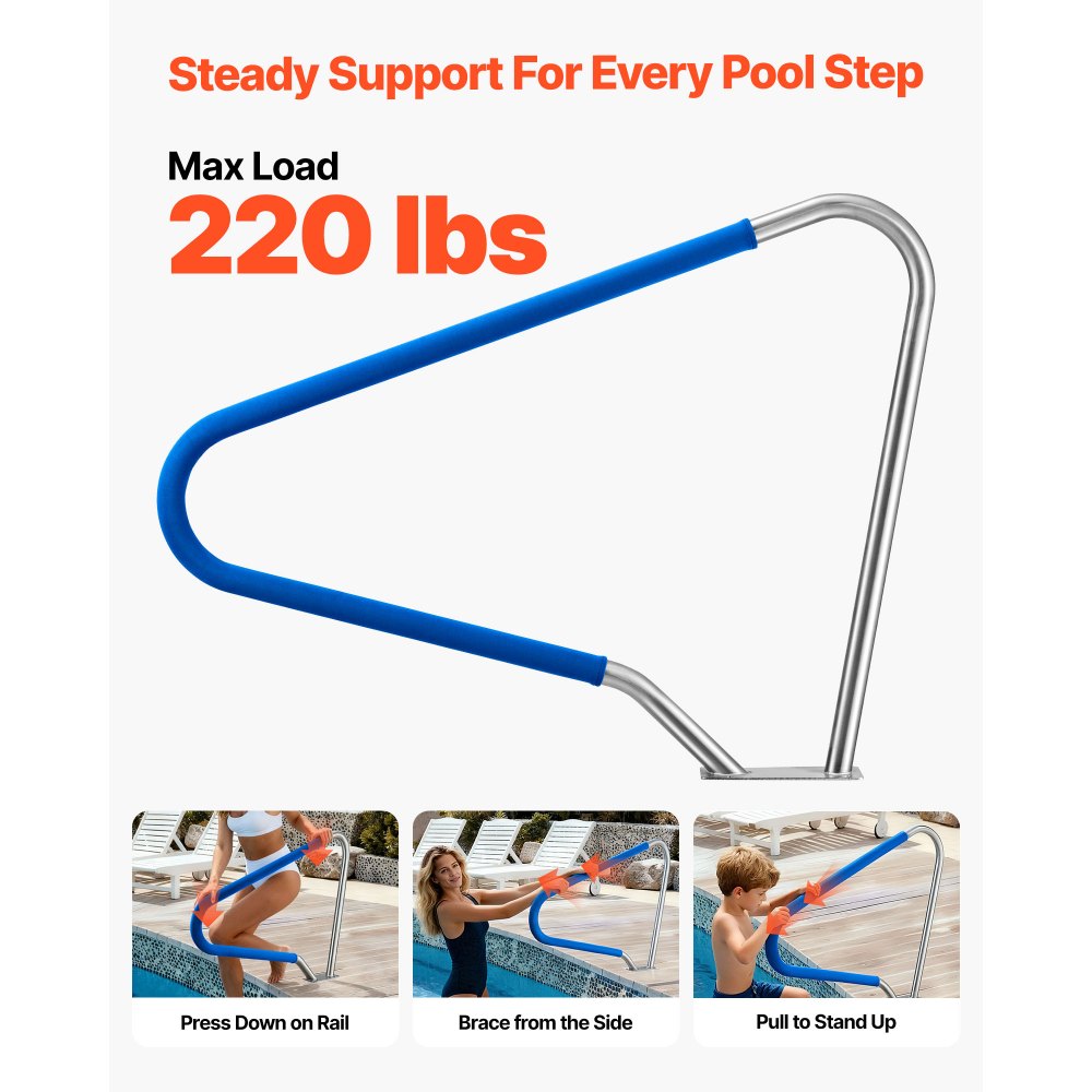 VEVOR Pool Rail, 122 x 91.5 cm Pool Handrail, 100kg Load Capacity Heavy Duty 304 Stainless Steel Swimming Handrail, Detachable Nonslip Sleeve, Rich Accessories, for Poolside, Water Parks, Spa Centers