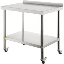 VEVOR Tavolo da Lavoro per Cucina di Preparazione Alimenti in Acciaio Inox 4 Ruote Alzatina 5cm, Piano da Lavoro Ripiano Doppio 91,4 x 61 x 89 cm con Ruote e Alzatina Capacità Carico 200kg in Totale