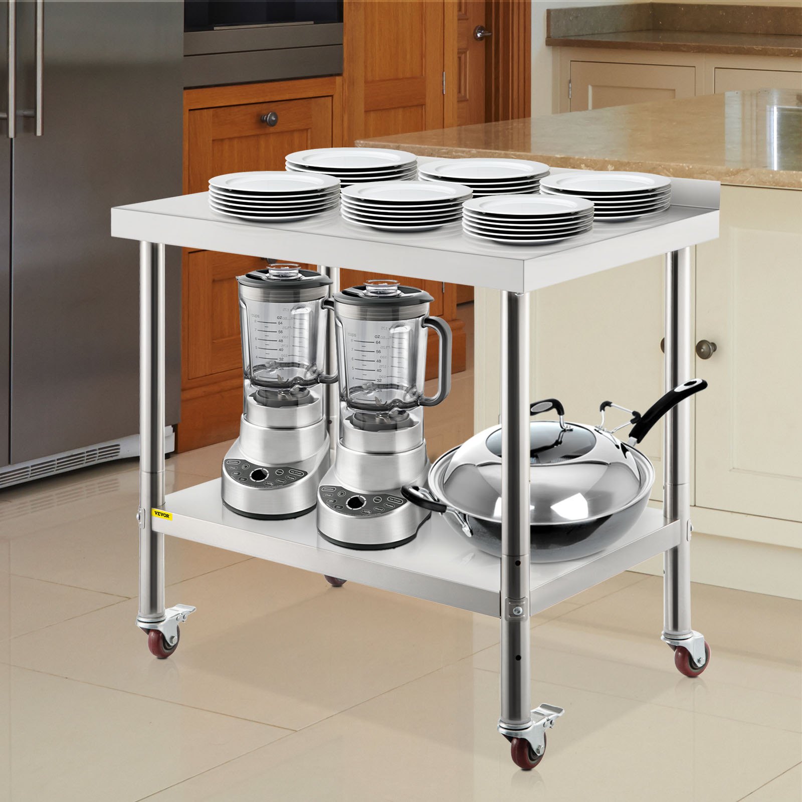 VEVOR Tavolo da Lavoro per Cucina di Preparazione Alimenti in Acciaio Inox 4 Ruote Alzatina 5cm, Piano da Lavoro Ripiano Doppio 91,4 x 61 x 89 cm con Ruote e Alzatina Capacità Carico 200kg in Totale
