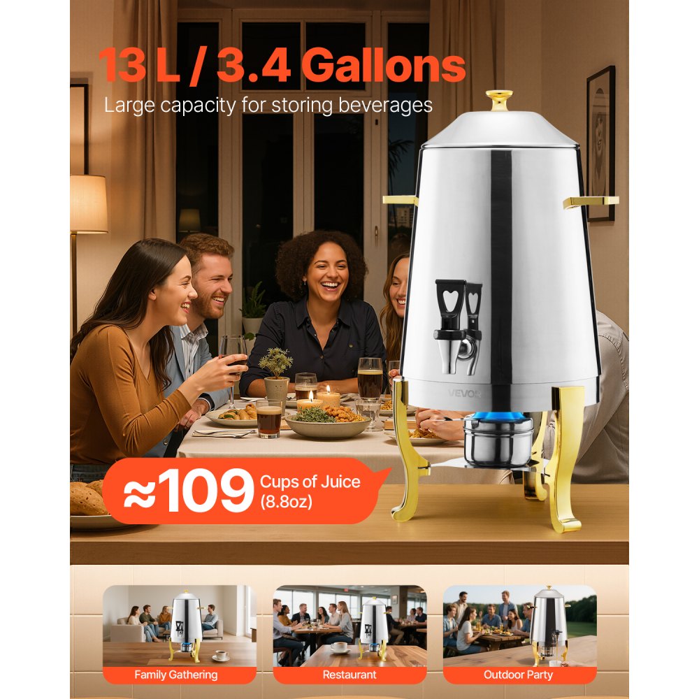 VEVOR Distributore di Bevande, 13 L per Feste, Contenitore di Succhi in Acciaio Inox con Bruciatore ad Alcol, Bevande Calde e Fredde con Rubinetto per Caffè, Tè, Acqua Calda, per Ristoranti Hotel